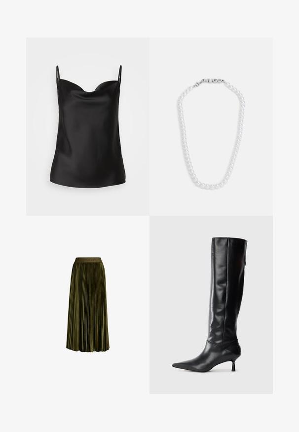 Camisón de satén negro con un escote pronunciado, tirantes finos y una textura suave y brillante. Diseño simple y clásico sin adornos.; Falda plisada midi de color verde oliva con cintura elástica que presenta un sutil logo "JOOP!", fabricada con un tejido similar al satén y con una silueta fluida.; Bota de cuero negra hasta la rodilla con punta afilada y tacón delgado curvado. Textura suave, diseño ajustado y sin hardware ni patrones visibles.; Collar de perlas blancas con una textura suave, que presenta un cierre de plata grabado con la palabra "HUGO". Perlas de tamaño uniforme en un diseño clásico.