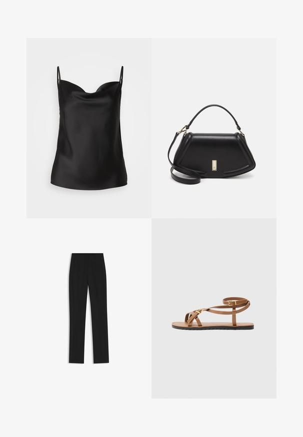 Czarna satynowa koszulka na ramiączkach z głębokim dekoltem, cienkimi ramiączkami i gładką, błyszczącą fakturą. Prosty, klasyczny design bez ozdób.; Czarne spodnie o dopasowanym kroju z prostymi nogawkami, z przednimi kieszeniami i gładką, teksturowaną tkaniną. Schludne, minimalistyczne wykończenie.; Ciemnobrązowe skórzane sandały z cienkim paskowym wzorem, z złotą klamrą i płaską czarną podeszwą z zygzakowym brzegiem.; Czarna skórzana torebka o strukturalnym designie, z przyciętą formą, górnym uchwytem i złotymi akcentami. W zestawie regulowany pasek na ramię.