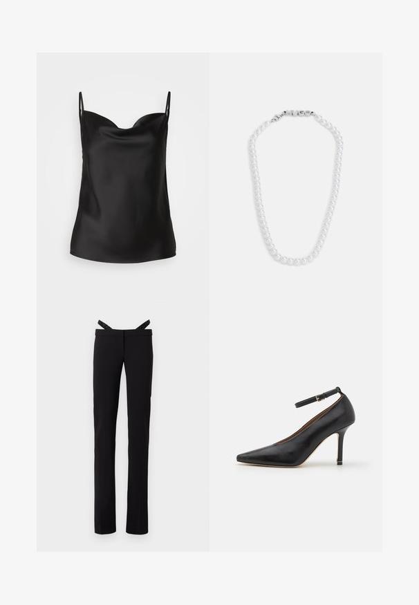 Must musta camisole, millel on sügava dekoltee, õhukesed rihmad ja sile, läikiv tekstuur. Lihtne, klassikaline disain ilma kaunistusteta.; Mustad sirged püksid, millel on kitsas lõige ja sädelevad mustad ülepüksid, mis on kinnitatud vöökohta, valge tausta ees.; Must musta kõrge kontsaga king, terava varbaga, pohlavööga ja peene kontsaga. Sile tekstuur koos kuldse aktsendiga kontsa aluses.; Valge pärlikaelakee sujuva tekstuuriga, millel on hõbedane lukustus, millele on pressitud sõna "HUGO". Ühtlaselt suurusega pärlid klassikalises disainis.