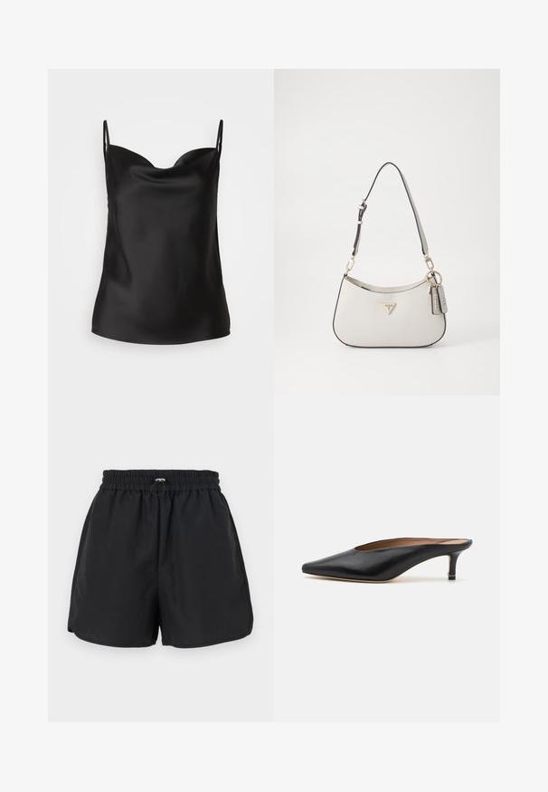 Černá saténová košile s hlubokým výstřihem, tenkými ramínky a hladkou lesklou texturou. Jednoduchý, klasický design bez ozdob.; Černé šortky s elastickým pasem, se stahovací šňůrkou a bočními rozparky. Vyrobeny z lehkého materiálu, nabízející pohodlný střih.; Černé kožené muly s špičatou špičkou a nízkým blokovým podpatkem. Hladká textura s elegantním designem. Otevřená zadní část s minimálními detaily.; Bílá texturovaná kabelka s zakřiveným tvarem, zlatými doplňky, odnímatelným popruhem a akcentem s logem. Obsahuje přívěsek na klíče s brandingem.