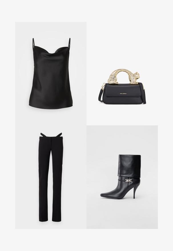 Juodas satino kamizolas su giliu iškirpimu, plonais petnešėlėmis ir glotni, blizganti tekstūra. Paprastas, klasikinis dizainas be dekoracijų.; Juodos tiesios kojos kelnės su siauru siluetu ir blizgiomis juodomis petnešomis, prisegtomis prie juosmens, prieš baltą foną.; Juodos odinės kulkšninių botų su smailiu nosiu, aukštu stiletto kulnu, apvyniojamu kraštu ir auksine dekoratyvine sagtimi prie kulkšnies.; Juodas odinis rankinukas su auksine katės formos rankena, turintis priekinę atvartą, reguliuojamą diržą ir logotipo detalę apatiniame priekyje.