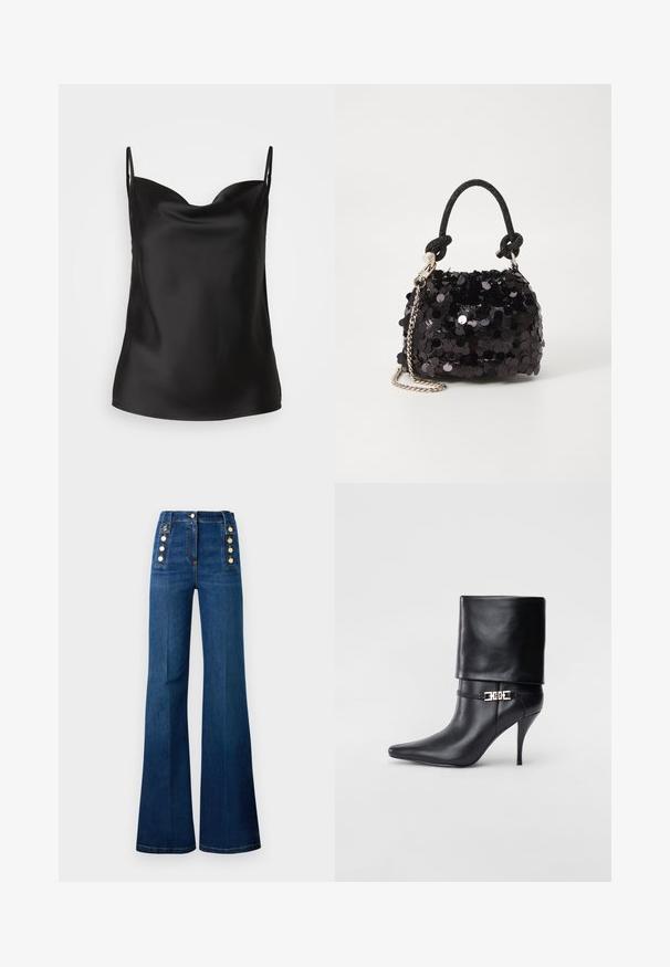 Fekete selyem camisole, mély dekoltázzsal, vékony pántokkal és sima, fényes textúrával. Egyszerű, klasszikus dizájn díszítések nélkül.; Sötétkék farmer, magas derekú, szélesített szárú nadrág, arany gomb díszítéssel az oldalán és sima textúrával.; Fekete bőr bokacsizma hegyes orral, magas stiletto sarokkal, hajtott szegéllyel és arany díszcsattal a bokán.; Fekete flitteres mini kézitáska csomózott textúrájú pánttal és ezüst lánccal. Lekerekített forma, ráncolt tetejével és fényvisszaverő részletekkel.