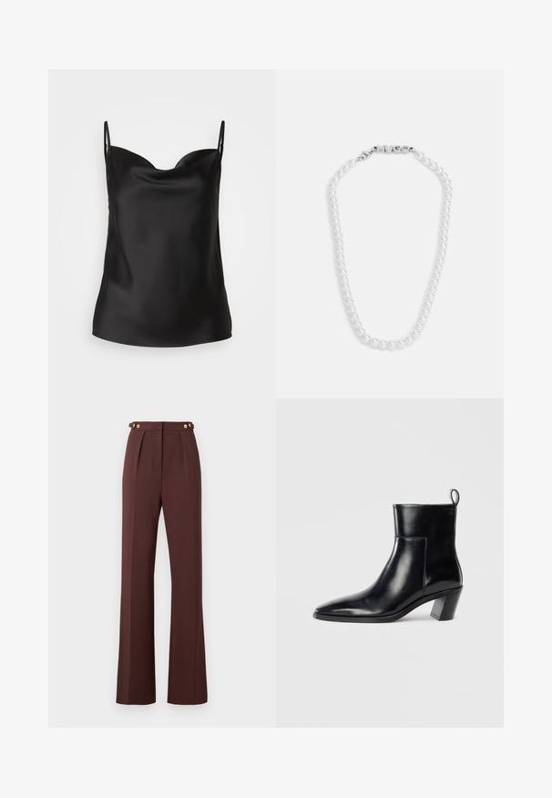 Must musta camisole, millel on sügava dekoltee, õhukesed rihmad ja sile, läikiv tekstuur. Lihtne, klassikaline disain ilma kaunistusteta.; Kõrge vöökohaga pruunid laiad püksid, millel on ette voldid ja kuldsetest nuppudest detailid reguleeritavates vööpaneelides.; Must musta saapad terava nina, geomeetrilise kuuega ja tagaküljel tõmberaudaga. Sile tekstuur ja läikiv disain.; Valge pärlikaelakee sujuva tekstuuriga, millel on hõbedane lukustus, millele on pressitud sõna "HUGO". Ühtlaselt suurusega pärlid klassikalises disainis.