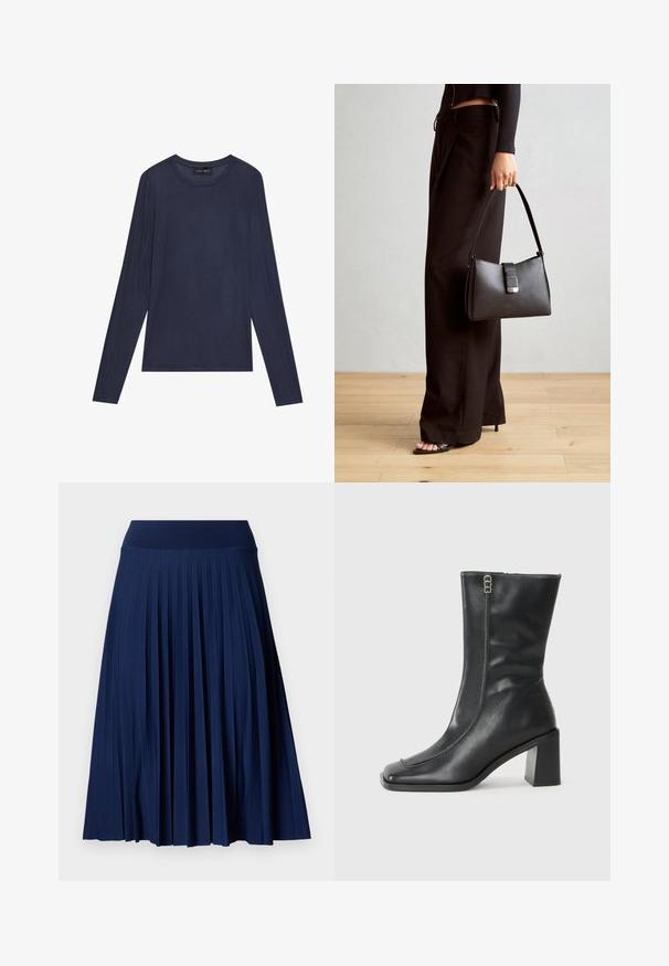 Granatowa bluzka z długim rękawem wykonana z gładkiego, lekkiego materiału. Posiada okrągły dekolt oraz szwy dekoracyjne wzdłuż rękawów i boków.; Granatowa spódnica z plisami z szerokim paskiem, wykonana z gładkiego materiału. Posiada pionowe plisowania i sięga do połowy łydki.; Czarne skórzane botki sięgające kostki z kwadratowym noskiem, bocznym zamkiem błyskawicznym oraz masywnym, kwadratowym obcasem. Posiadają kontrastowe przeszycia wzdłuż przedniego szwu.; Czarna torebka o usztywnionym kształcie, gładkiej fakturze i metalowym zapięciem. Połączona z szerokimi czarnymi spodniami i sandałami na otwartym palcu na drewnianej podłodze.