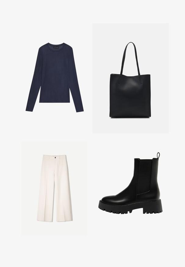 Tengerészkék, hosszú ujjú felső sima, könnyű anyagból. Kerek nyakkivágással rendelkezik, és varrási részletek találhatók az ujjakon és az oldalakon.; Tejbézs széles lábú nadrág, szabott kialakítással, két elülső zsebbel és egyetlen elülső gombos záródással, sima anyagból készült.; Fekete bőr bokacsizma texturált oldalsó panellel, lekerekített orral és vastag platformtalppal, amelyen cikkcakk mintázat található.; Fekete bőrtáska sima felszínnel, téglalap alakú, két hosszú füllel. Nincs látható fémkiegészítő vagy díszítés.