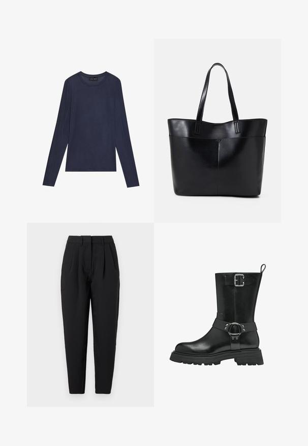 Marinblå långärmad topp i slät, lätt tyg. Har en rund halsringning och sömdetaljer längs ärmarna och sidorna.; Svarta byxor med rak passform, med veck fram, en slät textur och sidofickor. Midjan har standardhöjd.; Svart läderankelboot med en stabil gummisula, prydd med ett brett band med en metalldetalj i form av en ring och spänne på sidan för extra design.; Svart läder tote-väska med två långa handtag, en slät yta och en strukturerad form. Har en framficka för extra förvaring.