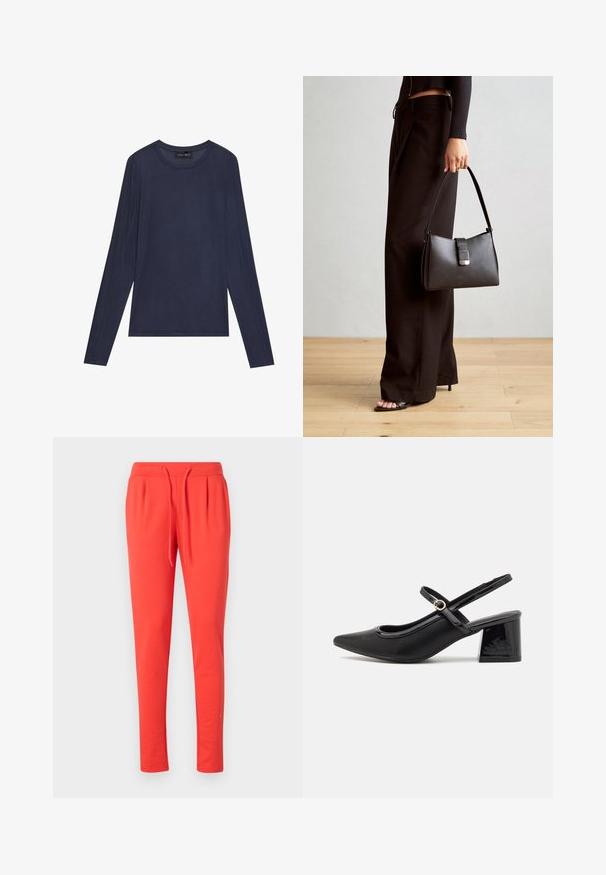 Marinefarbener Langarm-Top aus glattem, leichtem Stoff. Mit rundem Halsausschnitt und Nahtdetails entlang der Ärmel und Seiten.; Rote Jogginghosen aus weichem Material mit elastischem Bund und verstellbarem Kordelzug. Verfügt über ein tapered Beindesign.; Schwarze Lackleder-Slingback-Absätze mit spitzer Zehenform, einem runden Ausschnitt-Design und einem Blockabsatz. Mit einem goldfarbenen Schnallenakzent.; Schwarze Handtasche mit strukturierter Form, glatter Textur und einem metallischen Verschluss. Kombiniert mit weiten schwarzen Hosen und offenen Sandalen auf einem Holzboden.