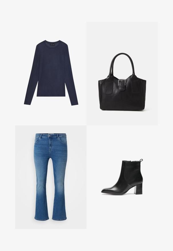 T-shirt de manga longa azul-marinho feito de tecido suave e leve. Apresenta um decote redondo e detalhes de costura ao longo das mangas e dos lados.; Jeans de ganga azuis em corte flare com uma cintura de altura média, dois bolsos frontais e fecho com botão. Apresenta um efeito de desbotado e pequenas rasgaduras na bainha.; Bota de tornozelo em pele preta com bico arredondado, um salto bloco de altura média e uma aba de puxar na parte de trás. Textura suave, design minimalista.; Bolsa tote de couro preta com textura suave, forma estruturada, duas alças e um destaque prateado proeminente na parte da frente.