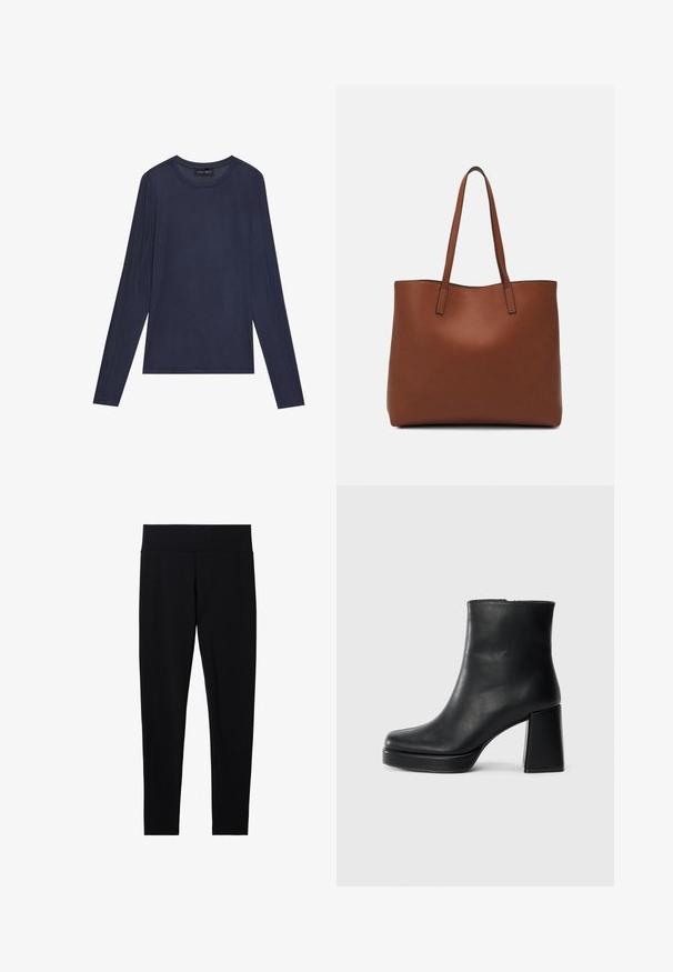 Sudadera de manga larga en color navy, fabricada con un tejido liso y ligero. Presenta un escote redondeado y detalles de costura a lo largo de las mangas y los lados.; Mallas negras elásticas con una cinturilla ancha y suave, que cuentan con una textura lisa y un corte entallado, adecuadas para diversas actividades.; Botín de cuero negro con tacón cuadrado y suela de plataforma, visto de lado sobre un fondo blanco liso.; Bolso tote de cuero marrón con una textura suave, diseño de apertura superior y dos correas para el hombro. Presenta una costura mínima y sin herrajes visibles.