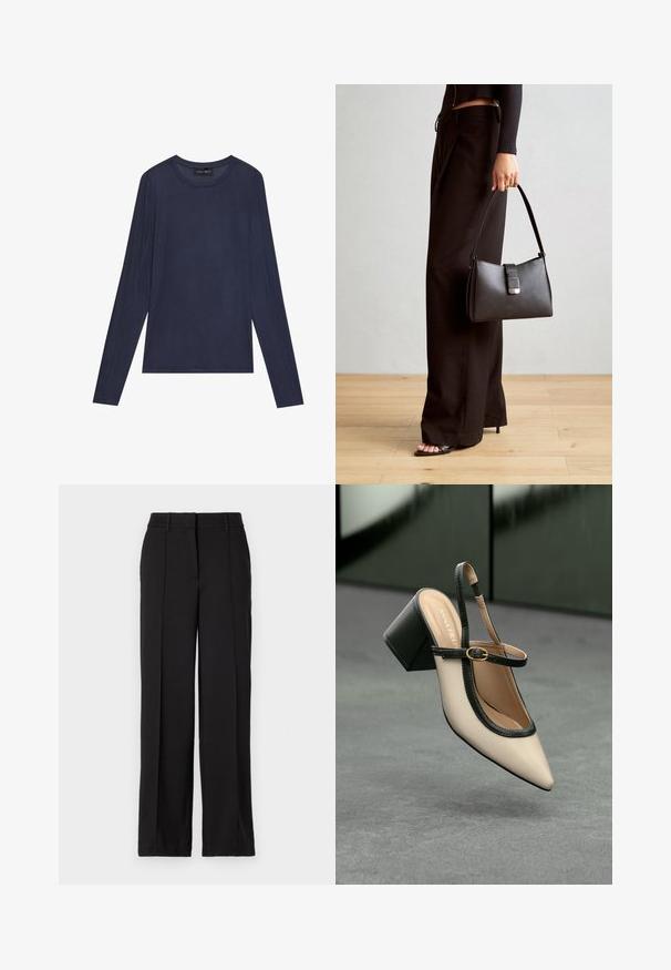 Marinblå långärmad topp i slät, lätt tyg. Har en rund halsringning och sömdetaljer längs ärmarna och sidorna.; Svarta byxor med rak bendesign, som har två framfickor, en midjeband och inga synliga fickor eller dekorationer.; Beige spetstoppad slingback-sko med svart kant, guldspänne och en kraftig blockklack på grått golv med mörkgrön bakgrund.; Svart handväska med strukturerad form, slät yta och metallspänne. Matchad med vida svarta byxor och sandaler med öppen tå på trägolv.