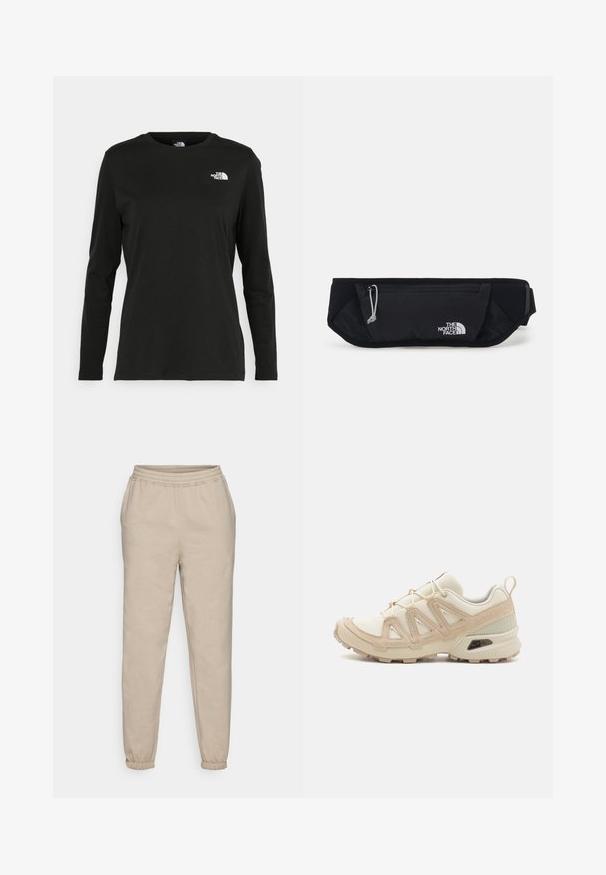 Zwart langsluiting T-shirt van katoen met een ronde hals. Heeft een klein wit logo op de linkerkant van de borst. Eenvoudig ontwerp en pasvorm.; Beige joggings gemaakt van zacht katoen gemengd met andere materialen. Beschikt over een elastische tailleband en taps toelopende boorden voor een relaxed pasvorm.; Beige en crème sportschoen met een textuur-mesh bovenwerk, ondersteunende overlays en een rubberen zool met een profielpatroon voor grip.; The North Face SUNRISER RUN BELT UNISEX - Heuptas - black/white