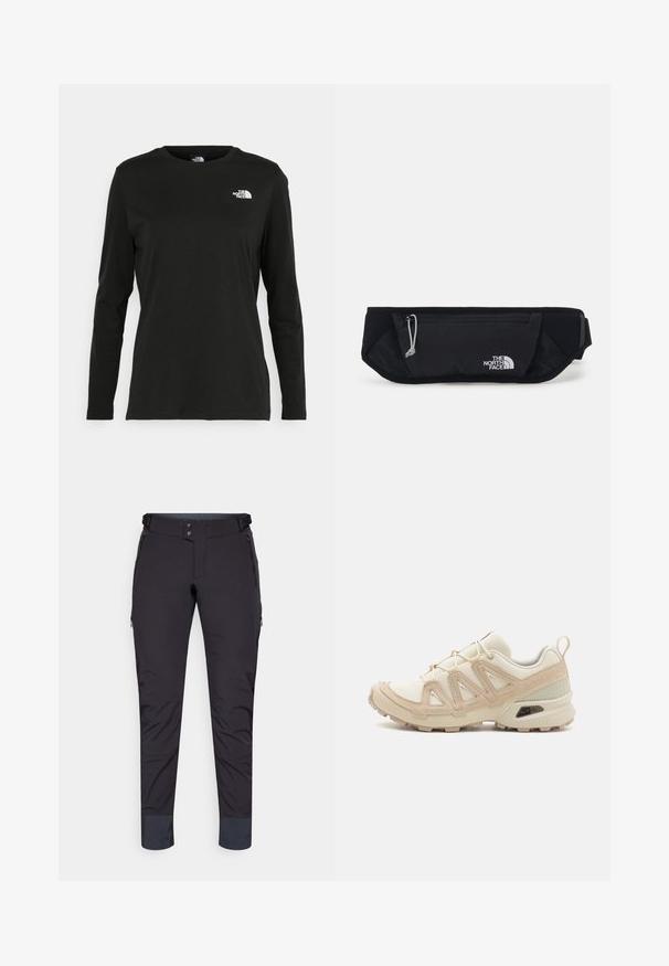 Black long-sleeve t-shirt made of cotton with a round neck. Features a small white logo on the left chest area. Simple design and fit.; Black technical pants with a smooth texture, zippered pockets, and a tapered leg. Features a double button closure and reinforced cuffs.; Beige and cream athletic shoe with textured mesh upper, supportive overlays, and rubber outsole featuring a tread pattern for traction.; The North Face SUNRISER RUN BELT UNISEX - Bum bag - black/white