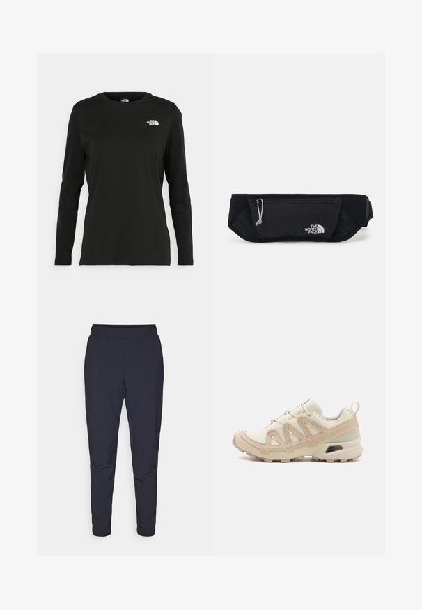 Juodas ilgomis rankovėmis medvilninis marškinėliai su apvali apykakle. Savybė - mažas baltas logotipas kairėje krūtinės pusėje. Paprastas dizainas ir pritaikymas.; Tamsiai mėlynos, lieknos formos kelnės su minkštu, lygiu paviršiumi, turinčios elastingą juosmenį ir siaurėjančias rankoves. Puikiai tinka aktyviam dėvėjimui.; Bežinės ir kreminės spalvos sportinės bateliai su tekstūruoto tinklelio viršutine dalimi, palaikančiomis detalėmis ir guminiais padais, turinčiais raštą, užtikrinantį sukibimą.; The North Face SUNRISER RUN BELT UNISEX - Diržinis krepšelis - black/white