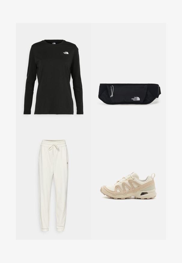 Black long-sleeve t-shirt made of cotton with a round neck. Features a small white logo on the left chest area. Simple design and fit.; New Balance WARMING PERFORMANCE JOGGER - Tracksuit bottoms - offwhite; Beige and cream athletic shoe with textured mesh upper, supportive overlays, and rubber outsole featuring a tread pattern for traction.; The North Face SUNRISER RUN BELT UNISEX - Bum bag - black/white