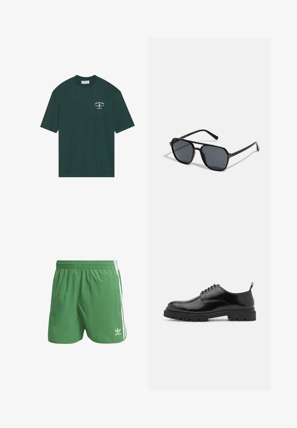 Dark green cotton t-shirt with short sleeves. Features a white printed logo on the chest stating "VINTAGE VIBES" and a palm graphic.; Green athletic shorts made from lightweight material, featuring white side stripes and an Adidas logo on the left hem. Elastic waistband.; Black leather lace-up shoes with a rounded toe, smooth texture, and ridged rubber sole. Features a small heel and a pull tab at the back.; Black sunglases with octagonal frame, dark lenses, glossy finish, thin temples, and gold accents on the front.