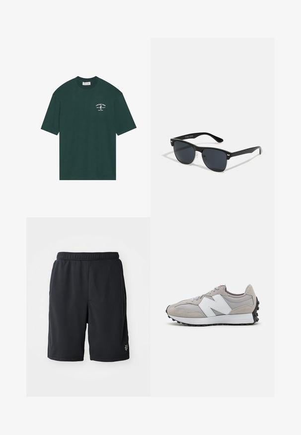 Tamnozeleni pamučni majica kratkih rukava. Sadrži bijeli otisak logotipa na prsima s natpisom "VINTAGE VIBES" i grafiku palme.; Crne sportske kratke hlače od prozračnog mrežastog materijala, s elastičnom vrstom i suptilnim logotipom na donjoj desnoj strani.; Sive tenege s cipelama od mrežaste i od zamjene, s bijelim logotipom sa strane, sivim vezicama i crnim gumenenim potplatom.; Crne sunčane naočale pravokutnog oblika, tamne leće, srebrni detalji na sljepoočnicama i matirajuća završna obrada okvira.