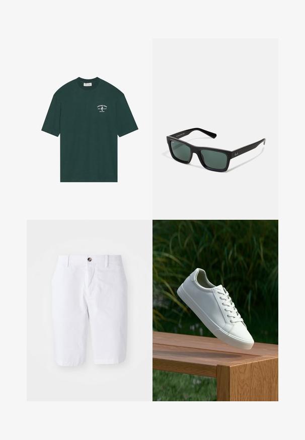 Tumši zaļa kokvilnas t-kreklu ar īsām piedurknēm. Iekļauj balto drukātu logo uz krūšu, kas norāda "VINTAGE VIBES" un palmas grafiku.; Baltie kokvilnas šorti ar taisnu piegriezumu, divām priekšējām kabatām un vienu pogu aizdari jostasvietā. Gluda tekstūra, līdz ceļiem garš dizains.; Baltas šņorējamais sneakers, kas pārvietojas virs koka solu ar zaļiem zariem fona, izceļot apavu dizainu un tekstūru.; Melni taisnstūra saulesbrilles ar zaļiem stikliem, ar matētu apdari, taisnām kājām un Ray-Ban logotipu sānos.