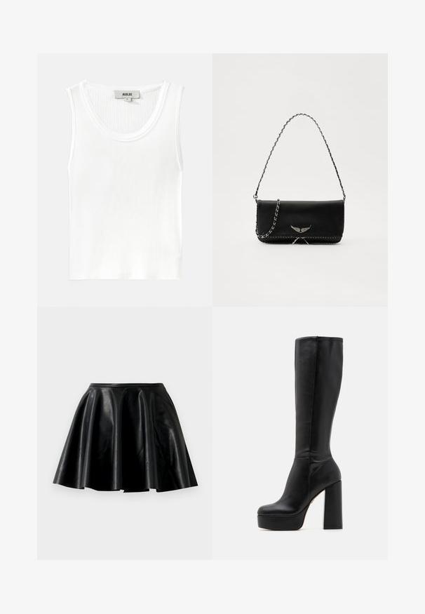 Balta ribota topiņa ar noapaļotu kakla izgriezumu un platām plecu siksnām, ar birku, kurā norādīts "AGOLDE" un izmērs "S."; Melnas ādas svārki ar izplūdušu formu, gludu tekstūru, platu maliņu un pieguļošu jostu. Virsma ir ar smalku spīdumu un bez redzamām rotājumām.; Melni ceļa augstie zābaki, izgatavoti no gludas ādas ar strukturētu virsmu, ar augstu blokveida papēdi un apaļu purngalu.; Melnas ādas rokassomā ar sudraba ķēdes siksnu, kurai ir dekoratīvi spārnu akcenti un baltā šuvēšana apakšējā šuvē.