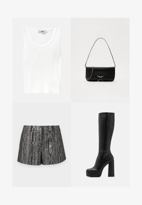White ribbed tank top with a rounded neckline and wide shoulder straps, featuring a tag labeled "AGOLDE" and size "S."; Black and silver shorts featuring a textured, metallic finish with a subtle wood grain pattern, straight cut, and standard waistband.; Black knee-high boots made of smooth leather with a textured finish, featuring a high block heel and a round toe design.; Black leather handbag with a silver chain strap, featuring decorative wing accents and white stitching along the bottom seam.