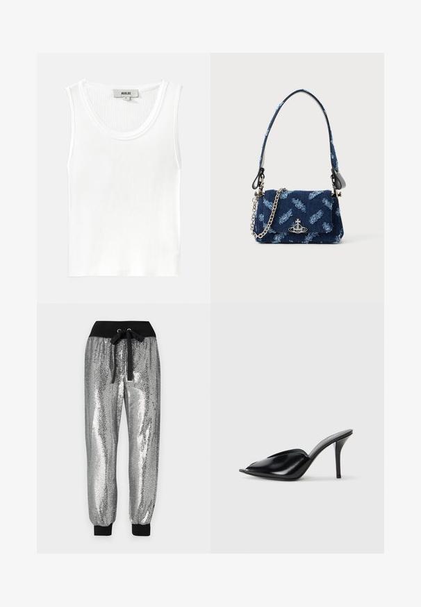 Biely rebrovaný top bez rukávov s okrúhlym výstrihom a širokými ramennými popruhmi, s etiketou označenou "AGOLDE" a veľkosťou "S."; Strieborné jogger nohavice s flitrami, čiernym elastickým pásom, šnúrkou a čiernymi manžetami na členkoch pre zúžený strih.; Čierne kožené vysoké podpätky s otvorenou špičkou, špicatý dizajn, hladká textúra a štíhly stiletto podpätok.; Tmavomodrá kabelka z textilného materiálu s textúrovaným dizajnom, striebornými detailmi a odnímateľným reťazovým popruhom. Obsahuje zavretie na klapku a akcent loga.