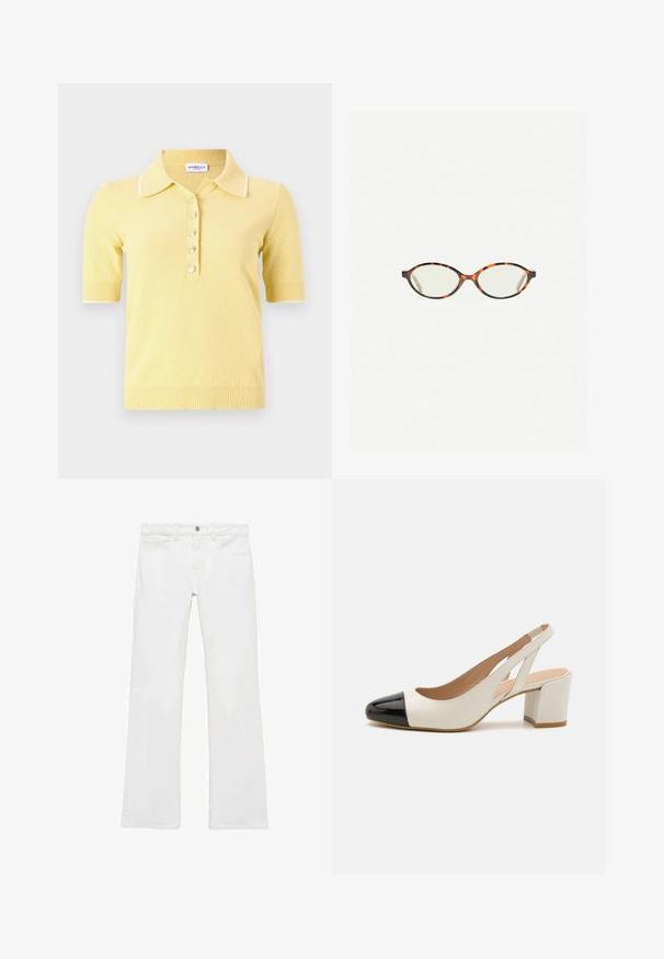 Marella DISTEL - Polo - giallo; Jeans bianchi a zampa d'elefante realizzati in cotone morbido, con cinque tasche, chiusura a bottone metallico e passanti per cintura. Le gambe presentano un leggero dettaglio di rifinitura.; Scarpa slingback bianca in pelle con punta nera in pelle verniciata. Presenta un tacco a blocco e un design con ritagli sui lati.; Occhiali in tartaruga con lenti ovali e una finitura liscia e elegante. Presentano aste sottili con una leggera curva alle tempie. Lenti trasparenti.