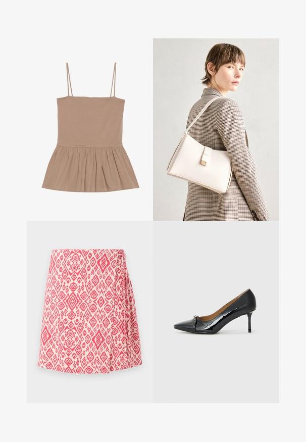 Svijetlosmeđa majica bez rukava s tankim naramenicama, oblikovanim korpusom i lepršavim peplum rubom, izrađena od mekog materijala s glatkom teksturom.; Suknja s omotavanjem u krem boji s ružičastim geometrijskim uzorkom. Ima detalj vezanja sa strane i lepršavi dizajn za opušteni izgled. Glatka tekstura tkanine.; Crne lakirane cipele s visokom petom, sa šiljastim prstom, dekorativnim detaljem remena sprijeda i tankom stiletto petom.; Bijela kožna torba s čvrstim dizajnom, s magnetskim kopčanjem i remenom za rame, prikazana na neutralnoj pozadini.