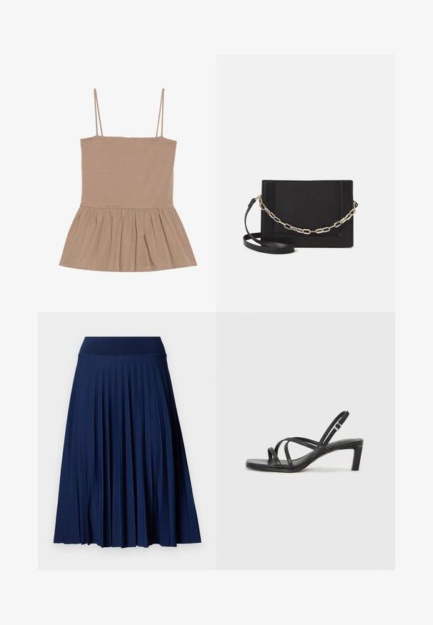 Kerge pruun ilma varrukat pehme kangaga, millel on õhukesed rihmad, sobiv kehaosa ja laienev peplum äär. Wooline tekstuur on sile ja mugav.; Tumed pleiditud seelik laia vöökohaga, valmistatud sileda kangaga. Omab vertikaalseid pleite ja ulatub keskpaigani.; Mustast rihmajalatsid ruudukujulise varba ja madala ploki kontsaga. Omab mitmeid õhukesi rihmasid ja reguleeritavat pahkluu rihma. Valmistatud siledast nahast.; Mustast nahast õlakott, mis omab siledat tekstuuri, ristküliku kuju ning esiküljel metallketi detaili. Reguleeritav rihm on kaasas.