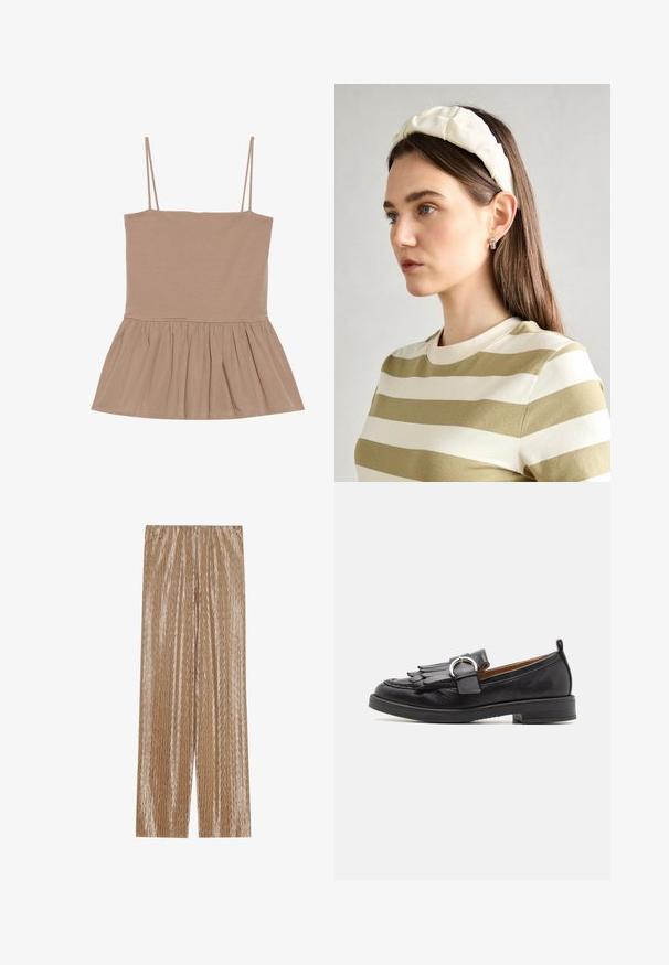 Light brown sleeveless top with thin straps, a fitted bodice, and a flared peplum hem made of soft fabric with a smooth texture.; Light brown pleated trousers made of shiny fabric, featuring a textured zigzag pattern and an elastic waistband for comfort.; Pavement MATILDA - Slip-ons - black; Cream padded headband with twisted design, paired with a beige and white striped shirt featuring a round neckline. Subtle jewelry accents.