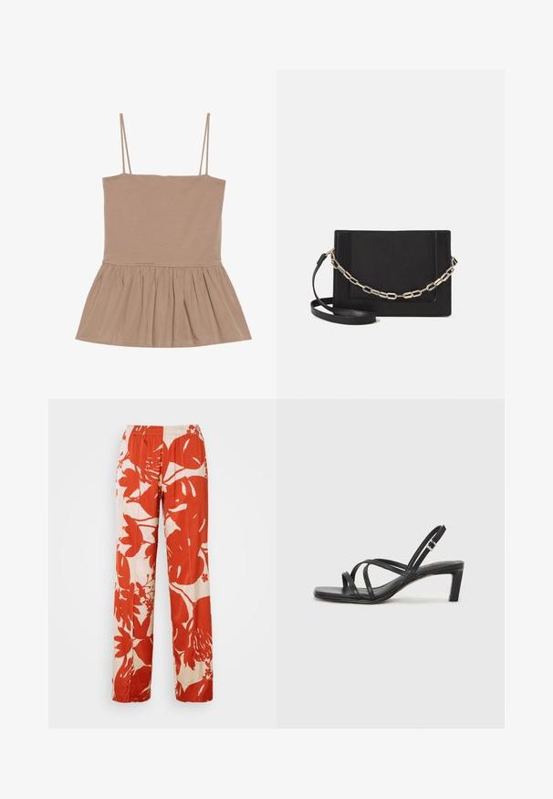 Gaišbrūns bezpiedurkņu topiņš ar plānām siksnām, pieguļoša bodice un izplešanās pepluma apakšmalu, izgatavots no mīksta auduma ar gludu tekstūru.; Sarkans un krēms ziedu raksts platās kājās bikses ar elastīgu jostu. Audumam ir gluda tekstūra, un tajā ir lieli lapu un ziedu motīvi.; Melnas strappy sandales ar kvadrātveida purngaliem un zemu bloku papēdi. Ievērojamas ar vairākiem plāniem siksniņām un regulējamu potītes siksniņu. Izgatavotas no gludas ādas.; Melna ādas crossbody soma ar gludu faktūru, taisnstūrveida formu un metalizētu ķēdes detaļu priekšā. Iekļauta regulējama siksna.