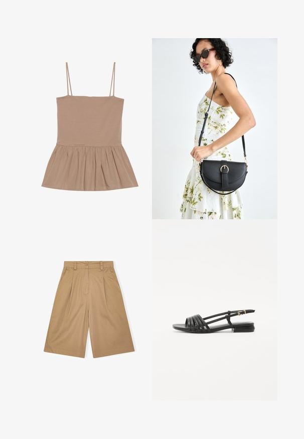 Šviesiai ruda be rankovių palaidinė su plonais petnešomis, prigludusiu liemeniu ir plačiais peplum klešniais, pagaminta iš minkštos medžiagos su lygiu paviršiumi.; Šviesiai rudos medvilninės šortai su laisvu kirpimu, su raukšlėmis, mygtuko užsegimu ir šoninėmis kišenėmis. Lygi tekstūra ir kelio ilgio dizainas.; Juodos plokščios šlepetės su juostelėmis, turinčios kelias odines juostas ir ploną kulkšnies sagtį. Padas plokščias ir stačiakampis.; Juodas odinis krepšys su išlenkta forma, nuimamu dirželiu ir auksiniais detalėmis. Krepšys turi kilpą su sagtimi.