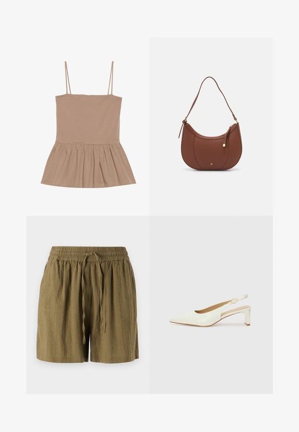 Light brown sleeveless top with thin straps, a fitted bodice, and a flared peplum hem made of soft fabric with a smooth texture.; Olive green pull-on shorts made of lightweight fabric, featuring an elastic waistband and drawstring, with a relaxed, loose fit.; White patent leather slingback shoe with a pointed toe and a low block heel. Features a subtle strap with a gold-tone buckle detail.; Brown faux leather shoulder bag with curved shape, minimal stitching, and a gold-tone hardware accent. Features a top zipper closure and adjustable strap.