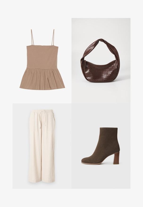 Svetlo rjav brezrokavnik s tankimi naramnicami, oprijetim korzetom in razširjenim peplum robom, izdelan iz mehke tkanine z gladko teksturo.; Bež lanene hlače širokih nogavic z elastičnim pasom in sprednjimi žepi. Gladka tekstura, lahka tkanina, model do gležnjev.; Rjave semiš gležnjarji z zaobljenim nosom in nagubanem, teksturiranem petam. Gladka zunanjost brez vidnih zakovic ali okraskov.; Rjava prepletena usnjena torbica s ukrivljenim, vozlano ročajem in zadrgo. Gladka tekstura in okrogla oblika.