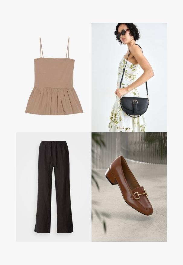 Jasnobrązowy bezrękawnik z cienkimi ramiączkami, dopasowaną górą i rozszerzanym dołem w stylu peplum, wykonany z miękkiego materiału o gładkiej teksturze.; Czarne, luźne spodnie z elastycznym pasem i sznurkiem. Wykonane z lekkiego materiału o gładkiej fakturze i prostych nogawkach.; Brązowe lakierowane mokasyny z kwadratowym noskiem, metalowym łańcuszkiem i niskim blokowym obcasem; gładka faktura, minimalistyczny design.; Czarna skórzana torebka o zakrzywionym kształcie, z odpinanym paskiem i złotymi akcentami. Torebka posiada klapę z zapięciem w kształcie klamry.; Kremowa poduszka na głowę zziębniętym wzorem, zestawiona z beżową i białą koszulą w paski, z okrągłym dekoltem. Subtelne akcenty biżuteryjne.