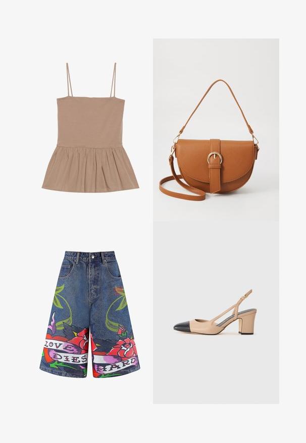 Top sin mangas color marrón claro con tirantes finos, un cuerpo ajustado y un dobladillo peplum acampanado hecho de una tela suave con una textura lisa.; Pantalones cortos de mezclilla con un lavado azul que presentan gráficos florales coloridos. "EL AMOR MUERE DURO" impreso en una cinta. Detalles de costura y bolsillos delanteros.; Zapato slingback beige con puntera negra, tacón cuadrado y una correa con hebilla dorada sobre un fondo blanco liso.; Bolso bandolera de cuero marrón con forma curvada, herrajes dorados y un acento de hebilla. Incluye una correa de hombro desmontable.