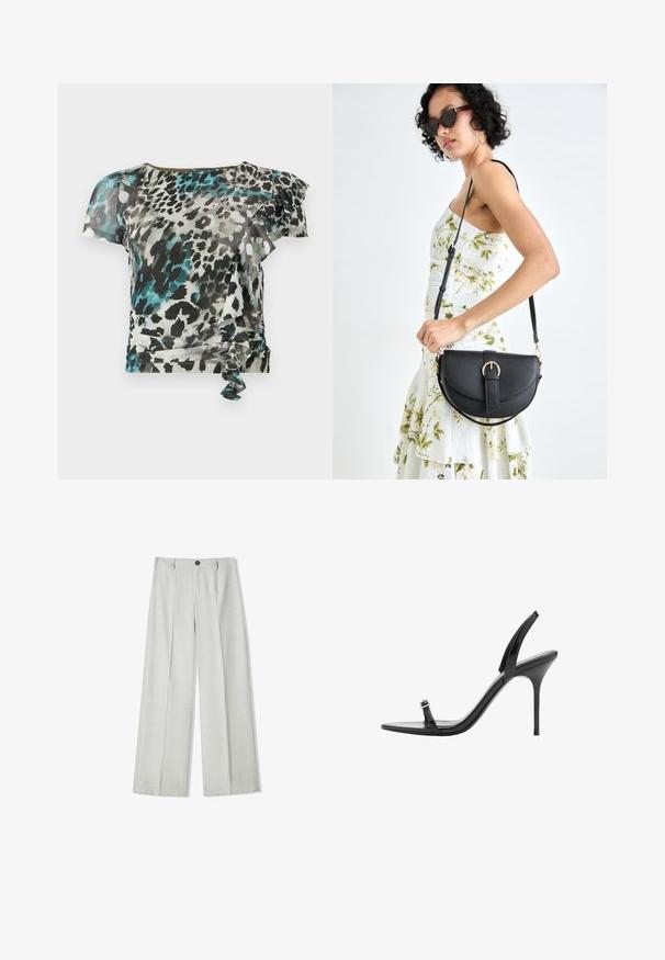 Kortärmad topp i lätt tyg med ett flerfärgat leopardmönster i svart, teal och grått, med volangdetaljer och knytning på sidan.; Ljust grå vida byxor i ett strukturerat tyg, med fickknäppning och två veck fram för extra detalj.; Svart högklackad sandal med spetsig tå, smal rem och slingback-design. Tillverkad av glänsande material med en liten spänneaccent.; Svart läderhandväska med en böjd form, avtagbar rem och guldiga detaljer. Väskan har ett lock med en spänndetalj.