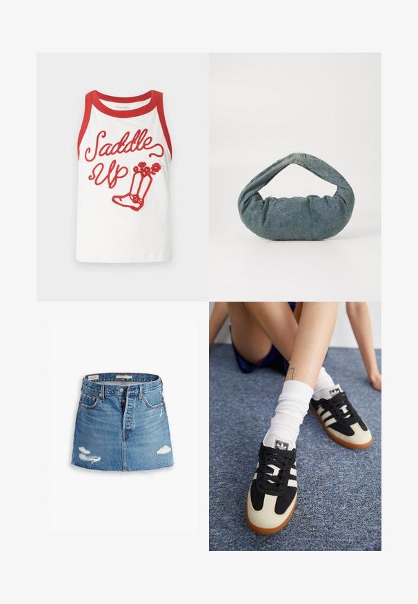 Bela majica brez rokavov z rdečimi robovi, z napisom "Saddle Up" in grafiko čevljev v rdeči vezenini. Gladek material, sproščen dizajn. Velikosti se lahko razlikujejo.; Denim mini krilo v svetlo modri barvi. Ima raztrgan rob, dva obrabljenega patche, sprednje zapiranje na gumb in pet žepov. Klasičen kroj.; Črno-bele športne čevlje z zgornjim delom iz usnja in semiša, ki imajo tri bele črte in gumijast podplat. Par je kombiniran z belimi nogavicami.; Modra denimska torba s oblazinjeno, zaobljeno obliko in ukrivljenim ročajem. Tekstura je mehka, z vidnimi šivi in gladko površino.