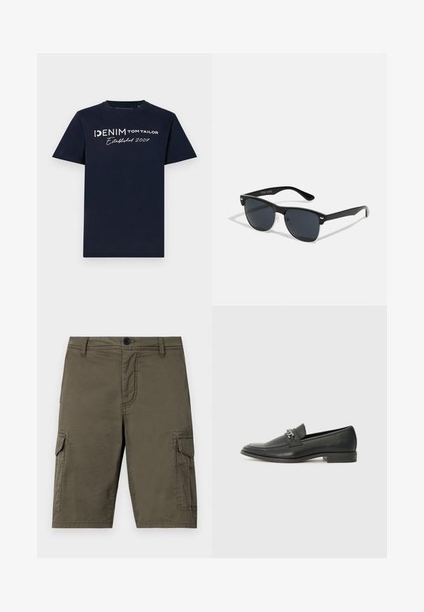 T-shirt de algodão azul marinho com mangas curtas e decote redondo. A parte da frente exibe o texto branco "DENIM TOM TAILOR Estabelecido em 2007" em várias fontes.; Calças de sarja verde oliva feitas de um tecido texturado, apresentando dois bolsos laterais e um fecho frontal com botão. Comprimento médio com corte reto.; Sapatilha de couro preta com um acabamento suave, apresentando um design cosido e um detalhe decorativo de corrente de metal atravessando o peito do pé. Salto baixo.; Óculos de sol pretos com forma retangular, lentes escuras, detalhes em prata nas hastes e um acabamento mate na armação.