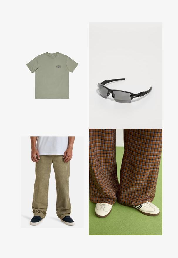 Oliivroheline puuvillane T-särk lühikeste varrukatega, ümar kaelus ja väike mitmevärviline graafiklogo rinnal. Sile tekstuur.; Olivroheline kangastest pükste lõige on lõtv, sirged sääred, küljetaskud ja nähtav tekstuur soonilisest kangast.; Pruunide ja siniste ruuduliste laiad püksid, mille juurde on kombineeritud valged kingad mustade aktsentidega ja tekstuursete taldadega, roheline taust.; Mustad must sportlikud prillid hallide läätsedega, kõverate raamide kujundus ja logodetail küljel. Valmistatud kergest plastmaterjalist.
