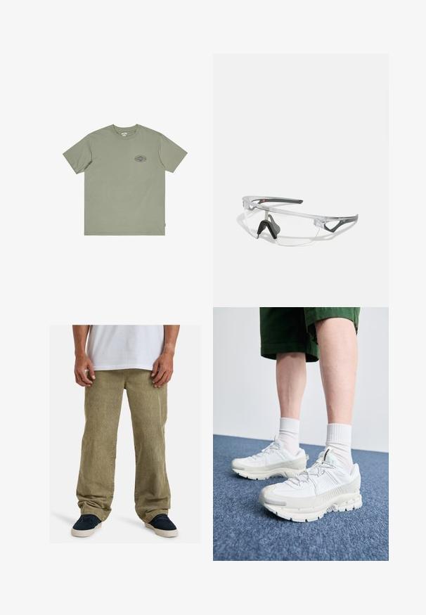 Olijfgroene katoenen t-shirt met korte mouwen, ronde hals en een klein, multicolored graphics logo op de borst. Gladde textuur.; Olijfgroene corduroy broek met een relaxte pasvorm, voorzien van rechte pijpen, zijzakken en een zichtbare textuur van geribbeld stof.; Witte sportieve schoenen met textuuroverlays, een dikke zool en grijze accenten. Draag ze met witte crew-sokken en groene shorts op een blauwe ondergrond.; Duidelijke veiligheidsbril met een lichtgewicht, transparant montuur en grijze accenten. Bevat een rond lopend ontwerp en een verstelbare neuspiece.