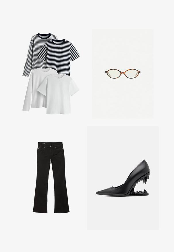 Set med fyra t-shirts: två vita, en marinrandig och en svartrandig. Alla har korta ärmar och rundad halsringning, tillverkade av bomullstyg.; Svarta utsvängda jeans med en slät textur, prydda med kopparfärgade metalldetaljer och en traditionell femfickorsdesign.; GCDS MORSO - Klassiska pumps - nero; Sköldpaddsmönstrade glasögon med ovala linser och en elegant, slät yta. Har tunna sidor med en subtil kurva vid tinningarna. Klara linser.