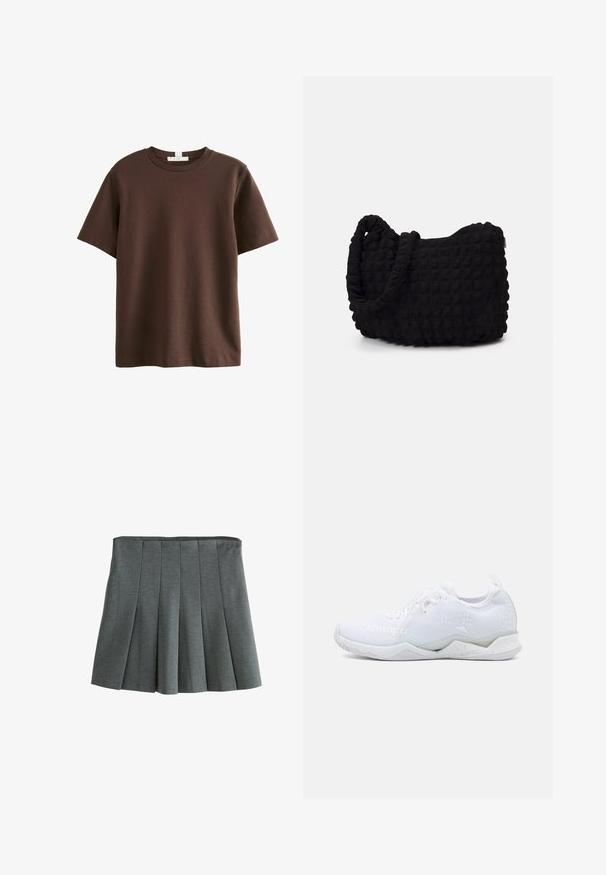 Next HEAVYWEIGHT SHORT SLEEVE CREW NECK STANDARD - Majica kratkih rukava s printom - chocolate brown; Sivi plisirani saia izrađena od lagane tkanine, s uskim strukom i strukturiranim plisiranim detaljima koji stvaraju lepršavu siluetu.; Bjele atletske tenisice s teksturiranim pletenim gornjim dijelom, s laganom potplatom i suptilnim geometrijskim akcentima. Naziv branda "Kempa" vidljiv.; Crna platnena torba s teksturiranim, kviltanim uzorkom. Okrugli oblik, kratke, debele ručke i meka, fleksibilna struktura.