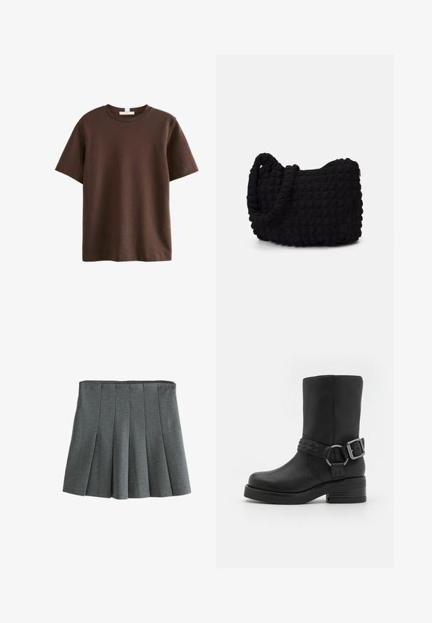 Next HEAVYWEIGHT SHORT SLEEVE CREW NECK STANDARD - T-shirt imprimé - chocolate brown; Jupe grise plissée en tissu doux et texturé. Elle présente une taille ajustée et des plis superposés pour un meilleur mouvement.; Botte cheville en cuir noir avec un bout rond, un talon épais et une sangle décorative à boucle autour de la cheville. Fini texturé.; Sac en tissu noir avec un motif texturé et matelassé. Forme arrondie, poignées courtes et épaisses, et structure souple et flexible.