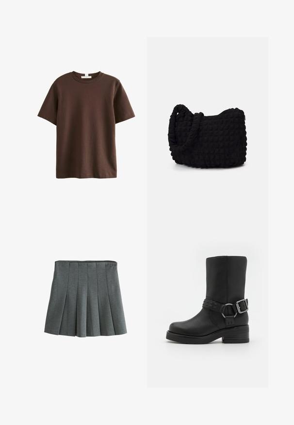 Next HEAVYWEIGHT SHORT SLEEVE CREW NECK STANDARD - Print T-shirt - chocolate brown; Gray pleated skirt made of lightweight fabric, featuring a fitted waist and structured pleats that create a flared silhouette.; Black leather ankle boot with a rounded toe, a thick heel, and a decorative buckle strap around the ankle. Textured finish.; Black fabric bag with a textured, quilted pattern. Rounded shape, short, thick handles, and a soft, flexible structure.