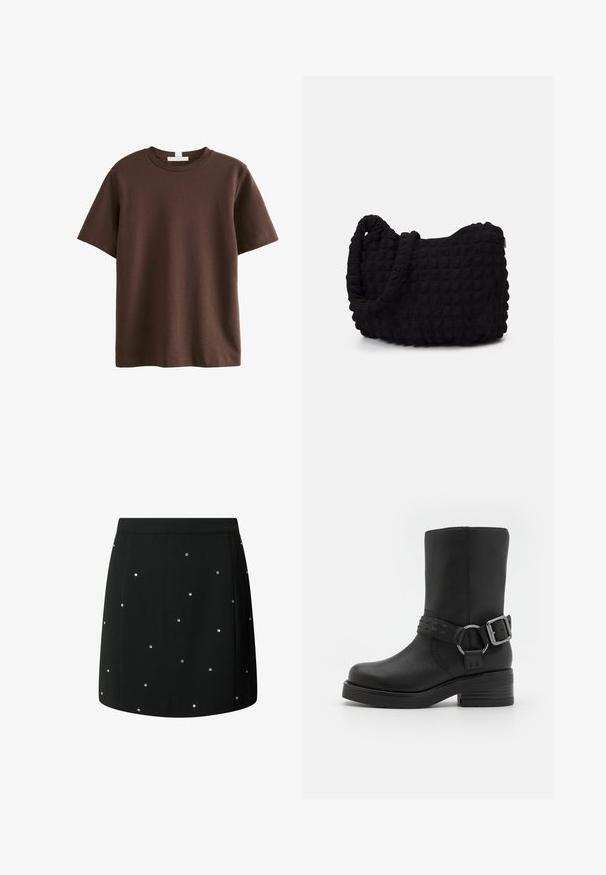 Next HEAVYWEIGHT SHORT SLEEVE CREW NECK STANDARD - T-Shirt print - chocolate brown; Schwarzer Rock aus einem Stoff mit einer glatten Textur, verziert mit verstreuten silbernen Nieten. Gerader Schnitt mit einem sauberen Saum.; Schwarze Lederstiefelette mit runder Zehenpartie, dickem Absatz und einem dekorativen Riemen mit Schnalle um den Knöchel. Strukturiertes Finish.; Schwarze Stofftasche mit einer strukturierten, gesteppten Oberfläche. Abgerundete Form, kurze, dicke Griffe und eine weiche, flexible Struktur.