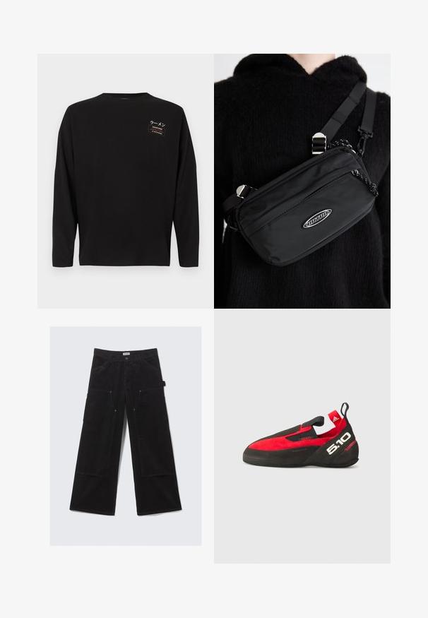 Tricou negru cu mâneci lungi, din bumbac. Are un mic petic de material pe partea stângă a pieptului, cu text japonez și un design dreptunghiular.; Pantaloni negri largi din corduroy, cu buzunare frontale mari și bucle pentru curea, având un sistem de închidere cu buton și fermoar.; Coroană de escaladă roșie și neagră cu un superior din piele întoarsă, talpă din cauciuc și un cârlig de prindere. Prezintă un design tip slip-on și un branding distinctiv "5.10".; Geantă de umăr din nailon negru, cu curea ajustabilă, având o textură netedă, un buzunar frontal cu fermoar și un accent cu logo.