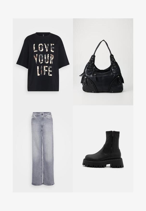 Must räbaline lühikeste varrukatega T-särk, millel on ees suur beež ja pruun camouflage-kirjaga "ARMSTA OMA ELU".; ONLY Tall ONLJUICY WIDE LEG - Wide leg - medium grey denim; Mustad mustad ketsi, mida on valmistatud mattast sünteetilisest materjalist, külgpingutiga, jämeda platvormi tallaga, millel on sakilised servad ja tugevdused.; Must musta kott topelt käepidemetega, eespool tõmblukuga taskud ja metallist nupukesed, esitatud ühetoonilise heleda tausta taustal.