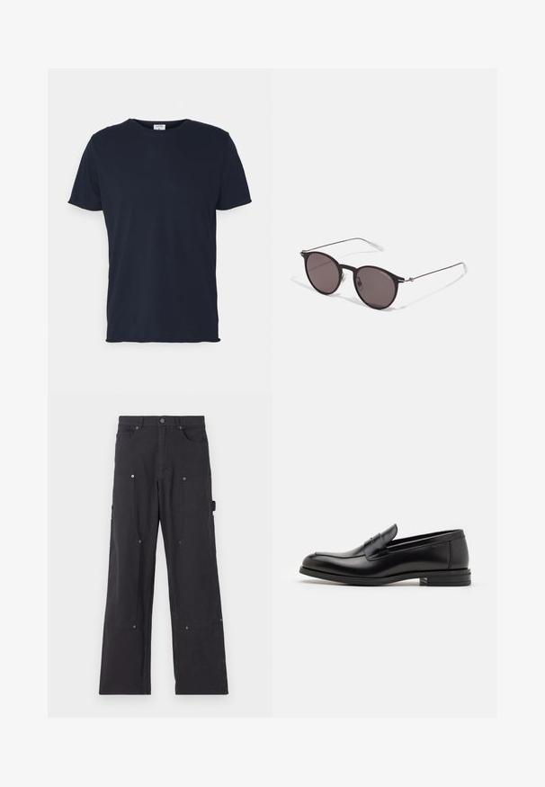 T-shirt in cotone blu navy con collo a giro e maniche corte, dalla texture morbida e dal design semplice, senza motivi o accenti visibili.; Pantaloni cargo neri realizzati in tessuto resistente con un design a gamba dritta, dotati di tasche anteriori, bottoni a pressione e tasche laterali utilitarie.; Mocassini neri in pelle con una texture liscia, punta arrotondata e una striscia decorativa sulla tomaia. Tacco basso impilato, design minimalista.; Occhiali da sole neri rotondi con lenti scure e sottili bracci in metallo. Include punte trasparenti e accenti argentati alla cerniera. Design minimalista.