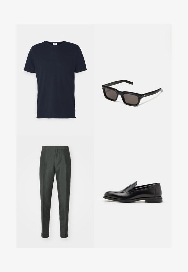 Navy blue cotton t-shirt featuring a crew neckline and short sleeves, with a smooth texture and simple design, no visible patterns or accents.; Paul Smith TROUSER - Trousers - dark green; Black leather loafers with a smooth texture, rounded toe, and a decorative strap across the vamp. Low stacked heel, minimalist design.; Black rectangular sunglasses with dark lenses, thick plastic frame, gold accents on temples, and brand logo engraved on the arm.