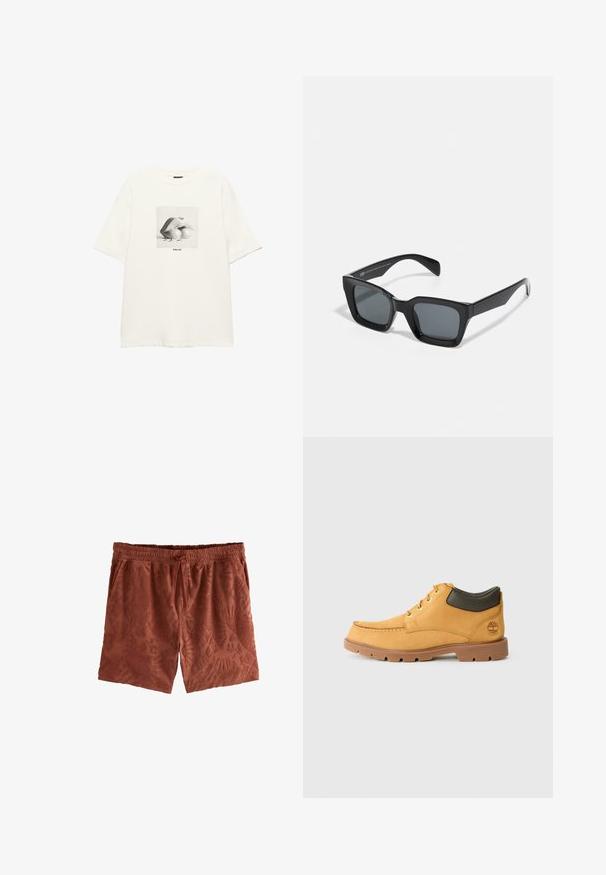White short-sleeve t-shirt with black-and-white print of lips and pears, small walking figures, and text "MAKE ART" below the image.; Rust-colored swim shorts made of textured fabric, featuring a raised floral pattern, elastic waistband, and drawstring closure.; Yellow leather shoe with brown rubber sole, round toe, and green leather ankle detail. Features gold eyelets and stitching accents.; Black rectangular sunglasses with dark lenses. Plastic frame with a glossy finish, featuring a wide bridge and slightly tapered arms.