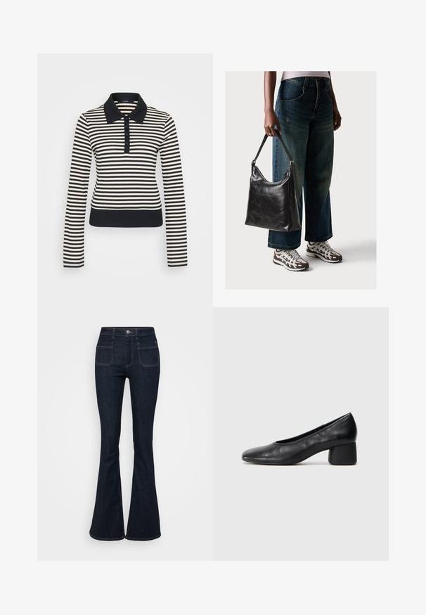 Polo de manga longa riscado em creme e azul-marinho, apresentando um decote com colarinho, pala de botões e punhos e bainha canelados.; Jeans de ganga azul escuro, com corte flare, featuring cintura alta, cinco bolsos e costura em contraste ao longo das costuras. Textura suave.; Sapato de salto preto em couro com bico arredondado e salto médio bloco. Textura suave com detalhes mínimos, apresentando uma abertura elástica discreta.; Bolsa de ombro em couro preto com textura suave e alça ajustável, combinada com jeans de perna larga desbotados e ténis desportivos.